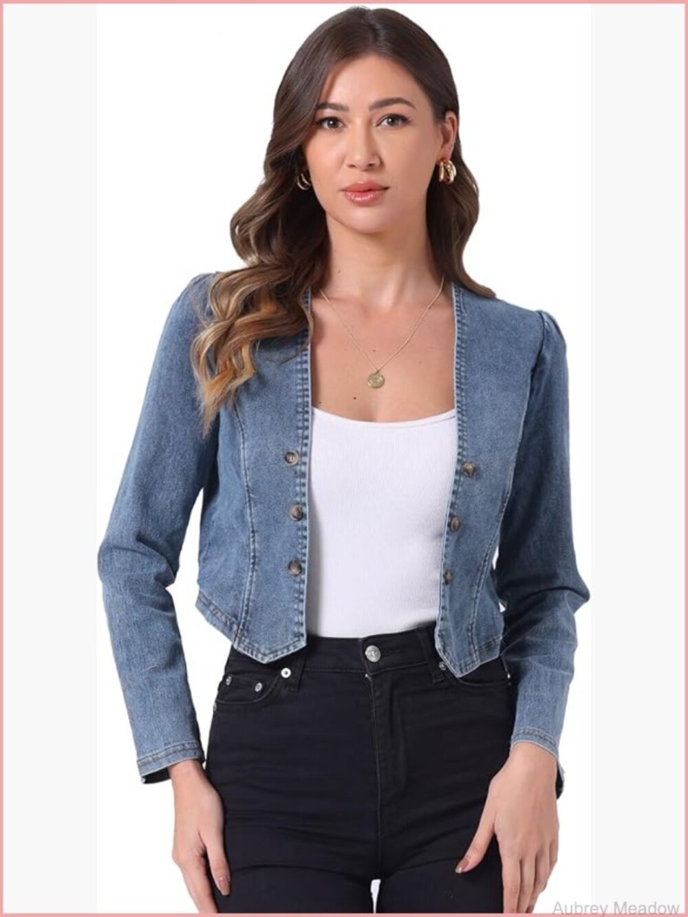 Cropped Double Breasted Open Front Denim Jean Cardigan - Collarless Long Sleeve